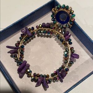 Festival Boho Purple and Blue Beaded Hoop Earrings NWT